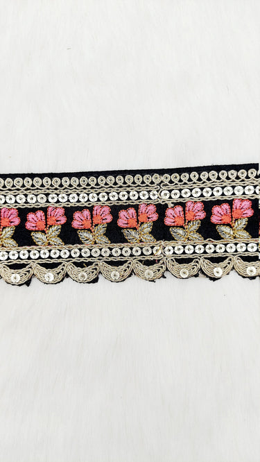 Art Silk Trim Gold Embroidered Sequins Pink Floral Trim, Decorative Trim, Indian Sari Border